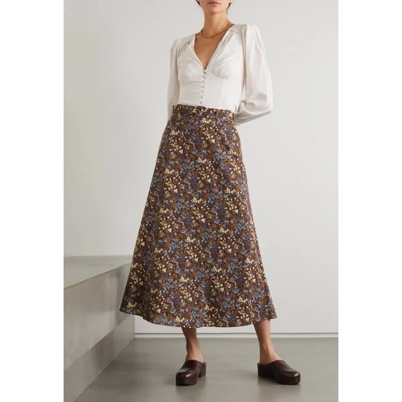 Reformation Dresses & Skirts - Reformation Brown Floral Midi Skirt with Blue & Cream Blossoms